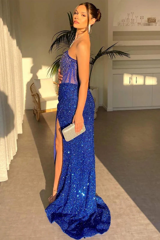 Strapless transparent tight corset strapless sequin side slit ballroom dress