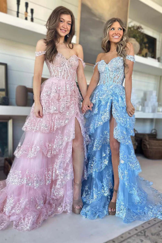Lace sequin ruffle side slit ball skirt