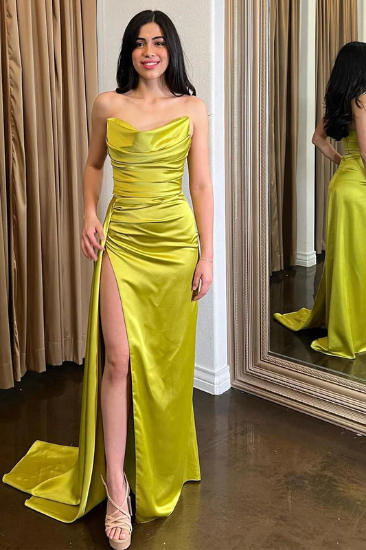 Swing neck strapless strapless strapless pleated side slit long skirt