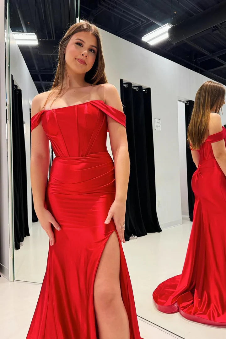 Red tight corset waist cinched and slit up ballroom dress