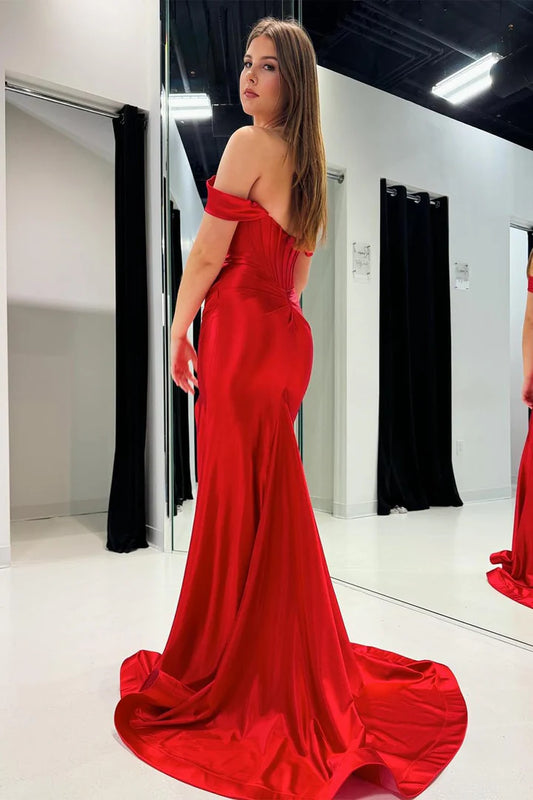 Red tight corset waist cinched and slit up ballroom dress