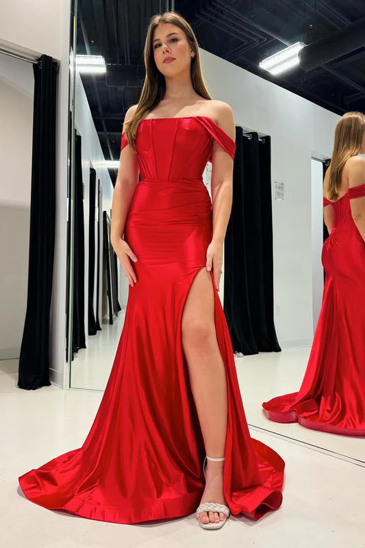 Red tight corset waist cinched and slit up ballroom dress