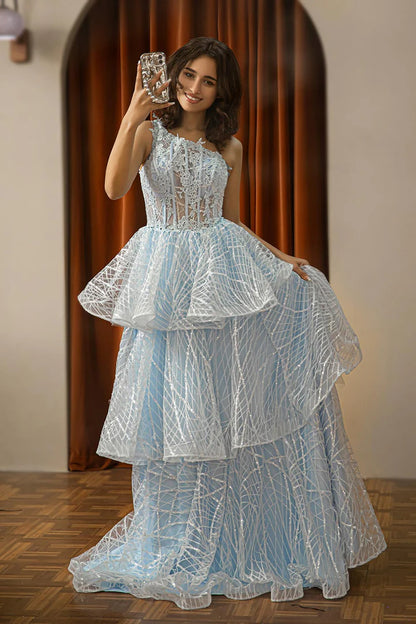 Single shoulder layered tight corset high-end ball dress