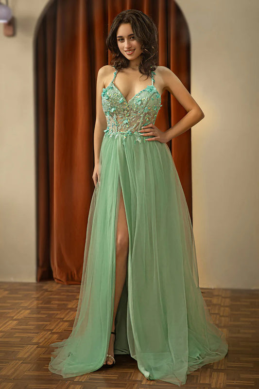 Deep V-strap backless beaded split ball gown