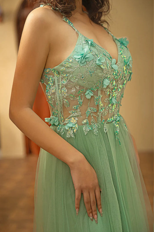 Deep V-strap backless beaded split ball gown