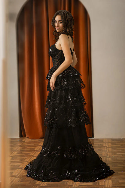 Lotus leaf edge deep v tight fish bone corset side slit dance dress
