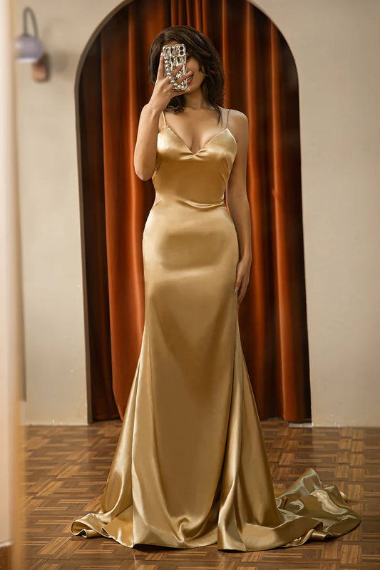 Deep fitting satin backless ball gown