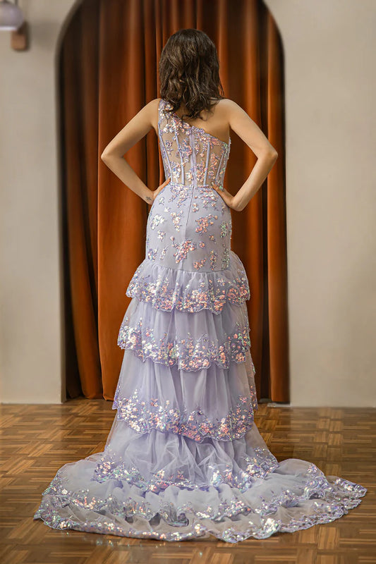 Single shoulder asymmetrical ruffled edge tight fishbone corset ball dress