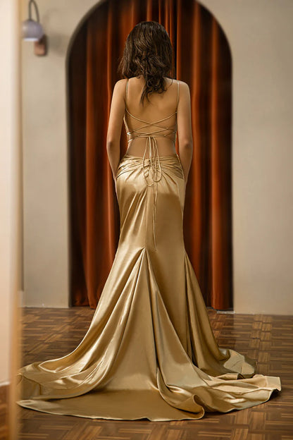 Deep fitting satin backless ball gown