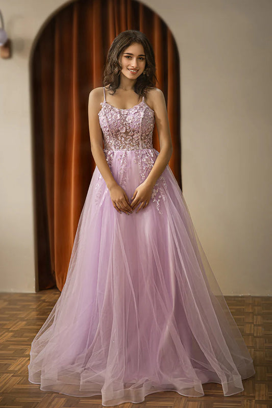 Light purple suspender embroidered mesh high-end ball dress