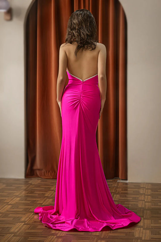 Fitted Deep V Pink Bareback Mermaid Ball Dress