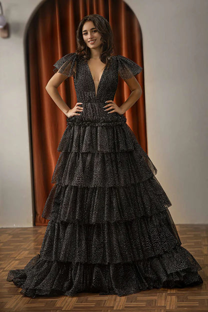 Deep V-layered black backless cake dress cute ball dress