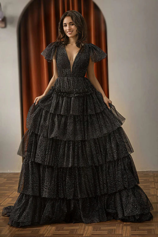 Deep V-layered black backless cake dress cute ball dress