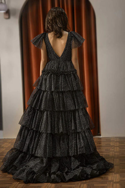 Deep V-layered black backless cake dress cute ball dress