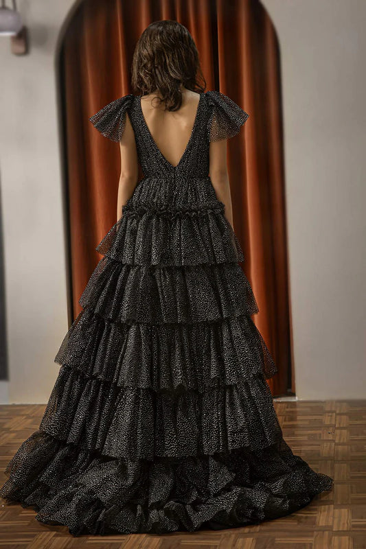 Deep V-layered black backless cake dress cute ball dress