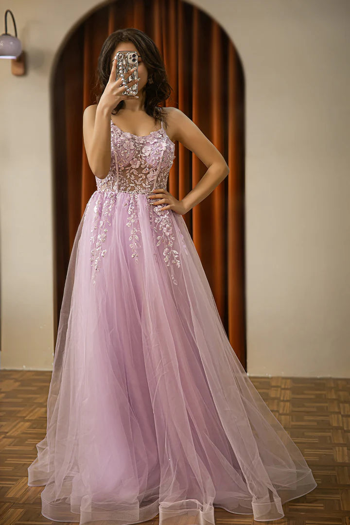 Light purple suspender embroidered mesh high-end ball dress