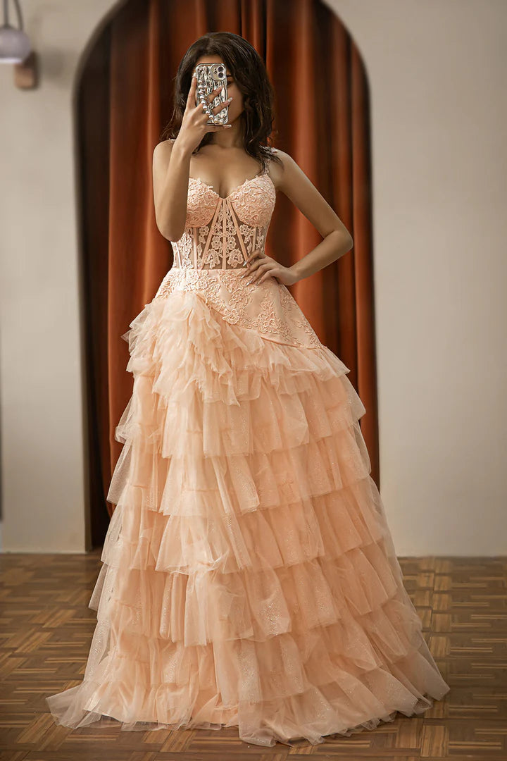 Tiered Corset Prom Dress with Appliques