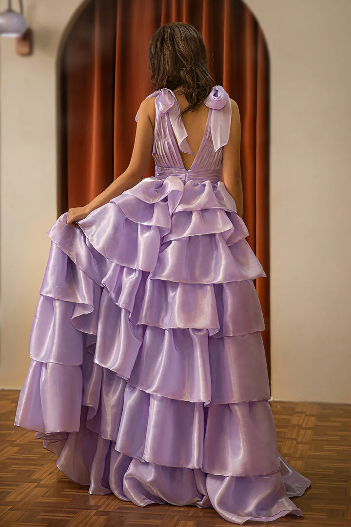 Deep V-layered premium cake dress, ball dress with slit