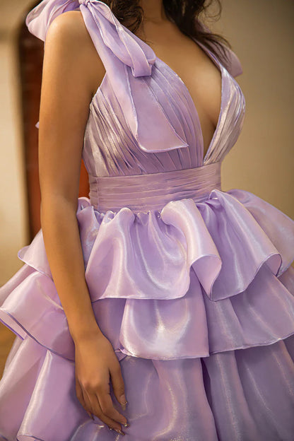 Deep V-layered premium cake dress, ball dress with slit