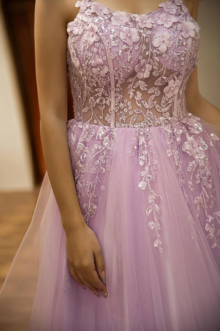 Light purple suspender embroidered mesh high-end ball dress