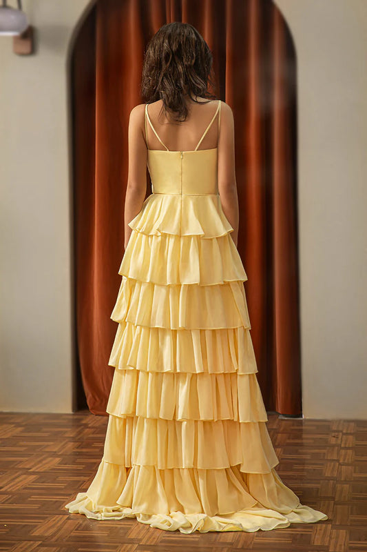 Deep V-strap cute yellow layered ball dress