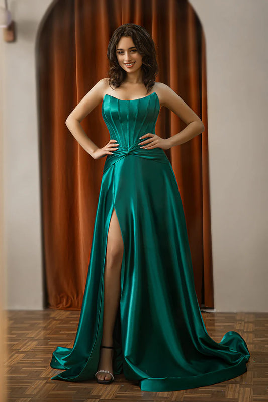 Strapless fishbone corset satin slit ball gown