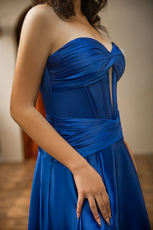 Strapless strapless strapless pleated slit ball gown with keyhole