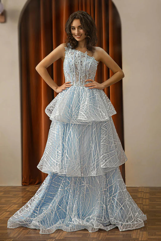 Single shoulder layered tight corset high-end ball dress