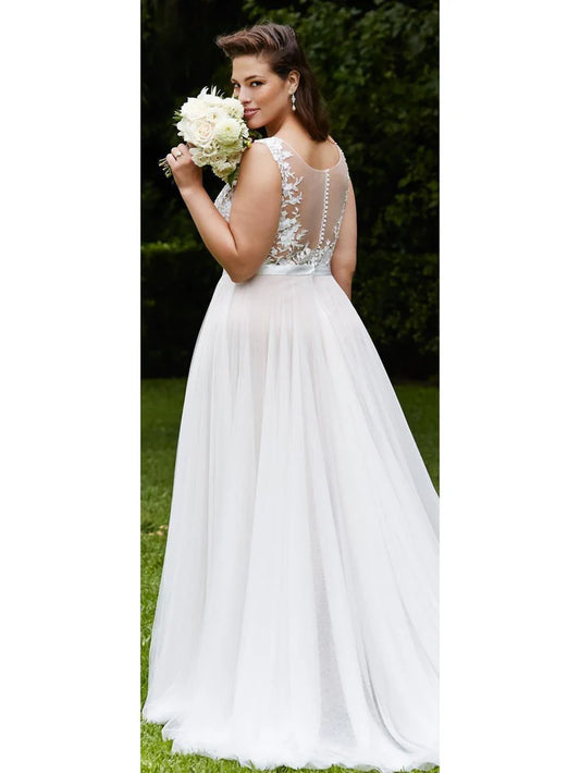Sleeveless transparent lace decal wedding dress