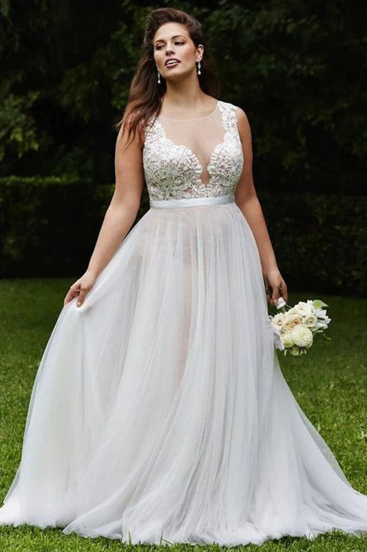 Sleeveless transparent lace decal wedding dress