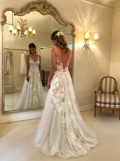 Charming Tulle With Applique Short Sleeves Wedding Dresses