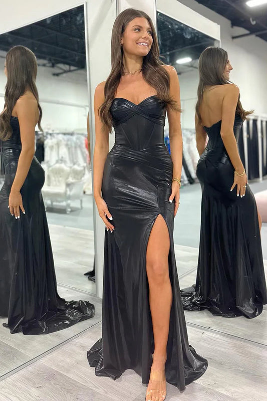 Strapless fishbone corset with waist cinching and side slit black ballroom dress