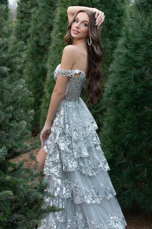 Off shoulder deep v fishbone corset pleated layered side slit ballroom dress