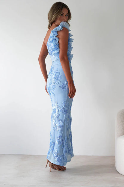 Irregular shoulder strap waist cinching lace dress