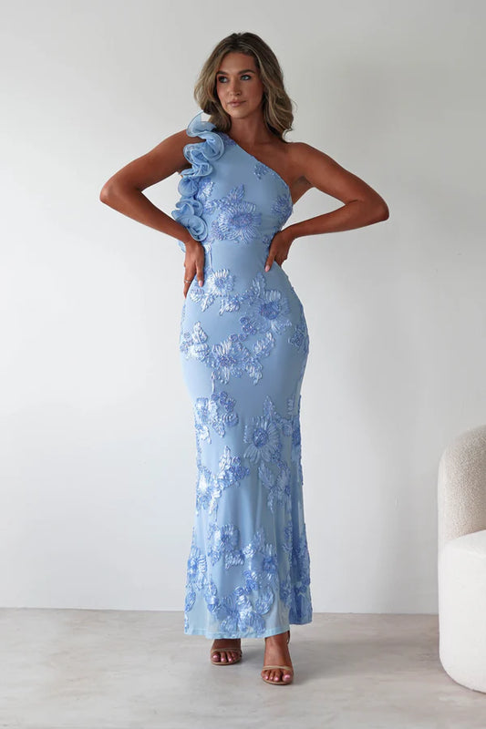 Irregular shoulder strap waist cinching lace dress