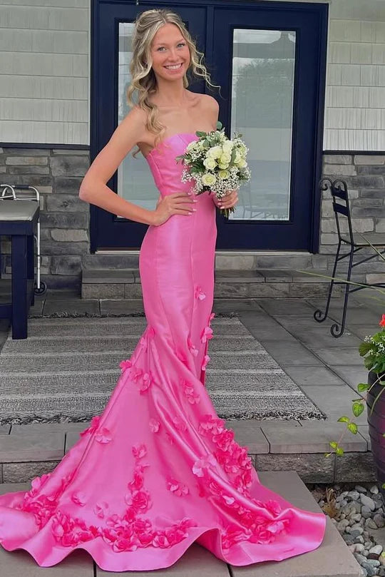 Strapless mermaid sleeveless applique long formal ball dress