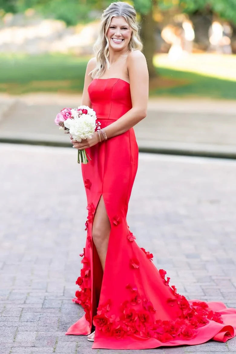 Strapless mermaid sleeveless applique long formal ball dress