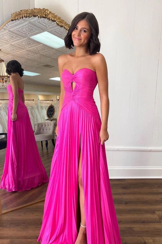 Sweetheart pleated strapless high waist high slit ball dress