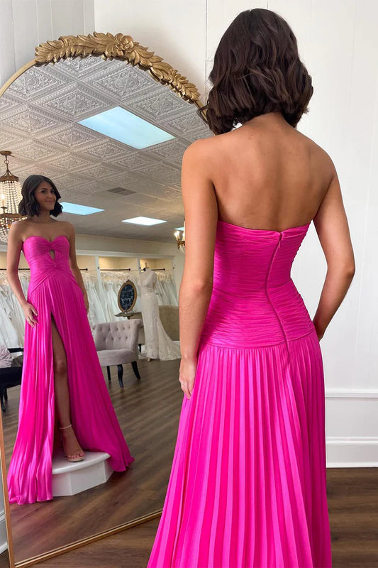 Sweetheart pleated strapless high waist high slit ball dress