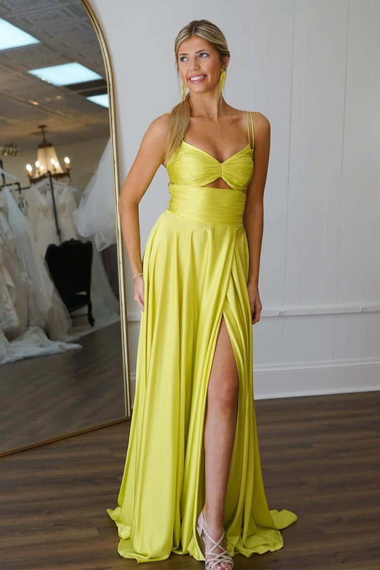 A-line slim shoulder strap V-neckline keyhole ball skirt with slit