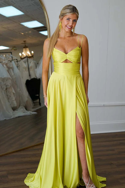 A-line slim shoulder strap V-neckline keyhole ball skirt with slit