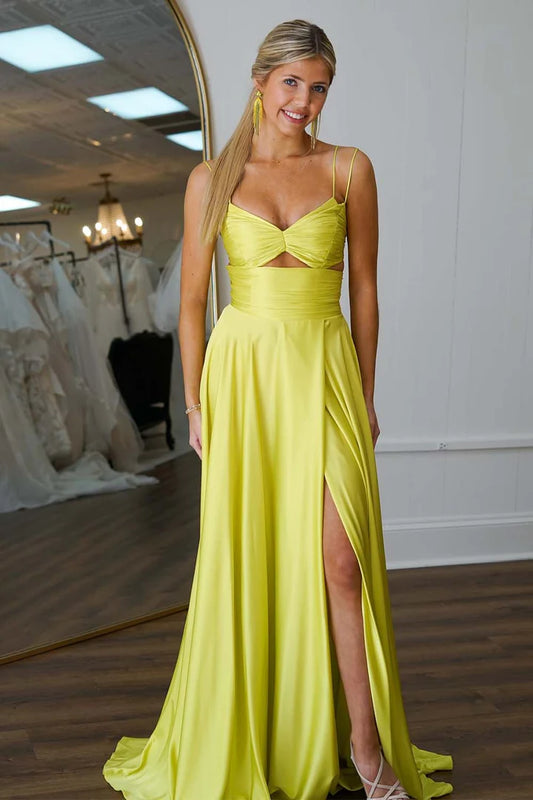 A-line slim shoulder strap V-neckline keyhole ball skirt with slit