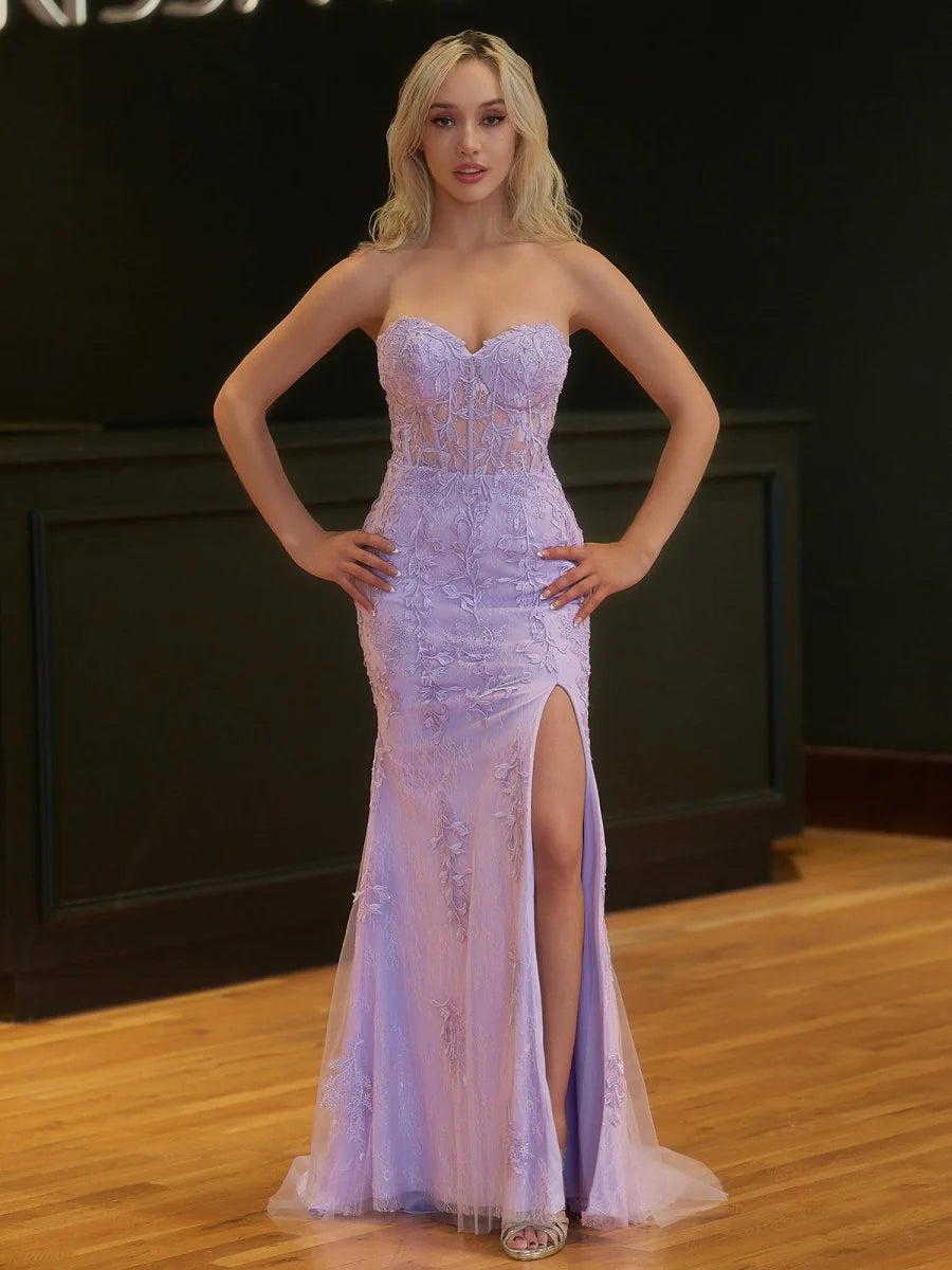 Glamorous Sleeveless lace corset beaded high-slit mermaid Evening Dress