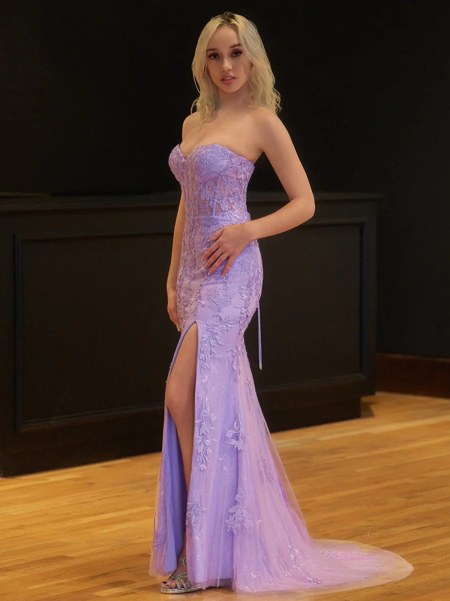 Glamorous Sleeveless lace corset beaded high-slit mermaid Evening Dress