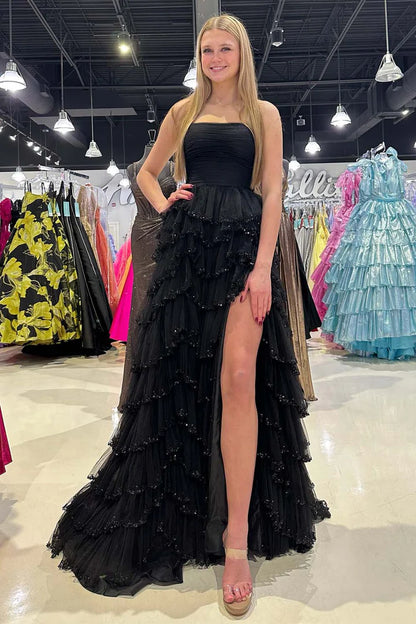 Strapless sleeveless pleated hem waist cinching side slit ballroom dress