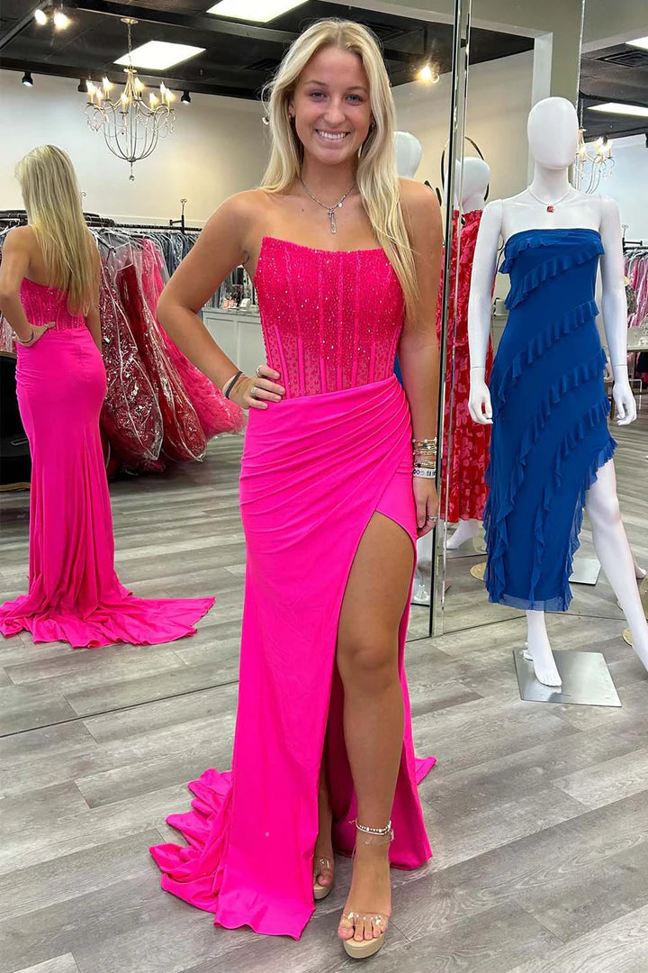 Fitted strapless beaded high slit high slit ball gown