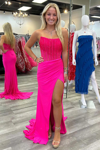 Fitted strapless beaded high slit high slit ball gown