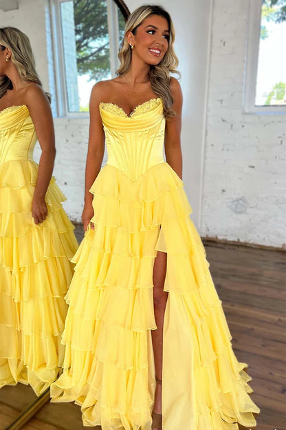 Strapless Satin Corset Prom Dress with Chiffon Ruffle Skirt