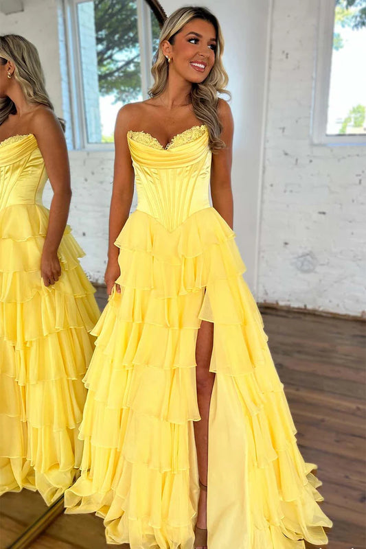 Strapless Satin Corset Prom Dress with Chiffon Ruffle Skirt