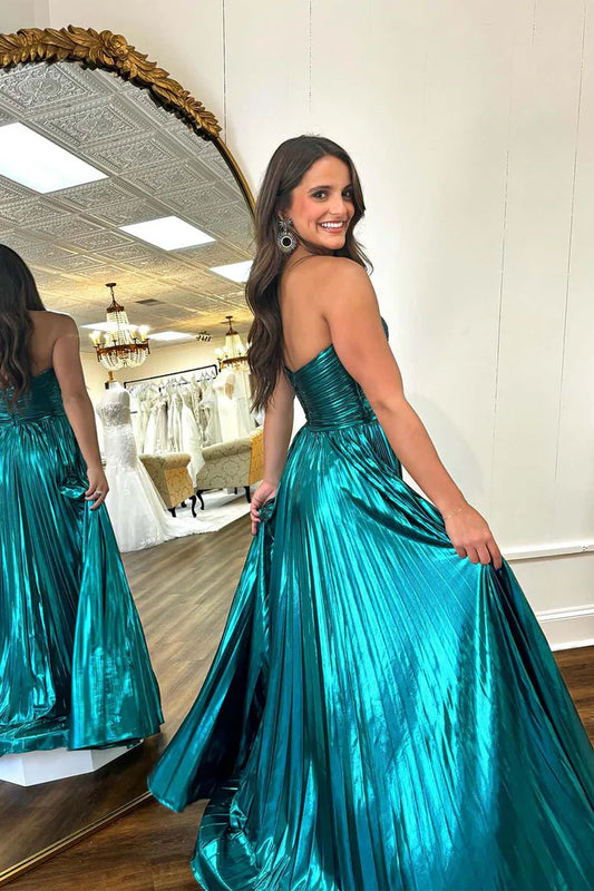 Strapless pleated metal ball skirt with keyhole, long skirt with side slit